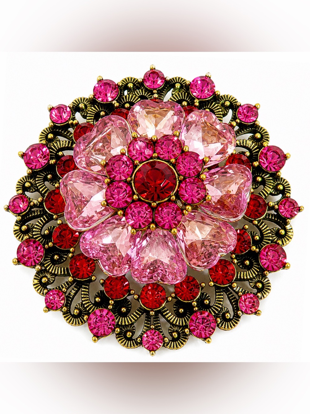 Vintage Style Pink Red Rhinestone Flower Brooch Gold Tone Filigree Statement Pin